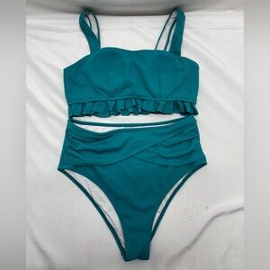 Cupshe Large Women's Teal High Waisted Bikini W/ Ruffled Top Stretch Pull On